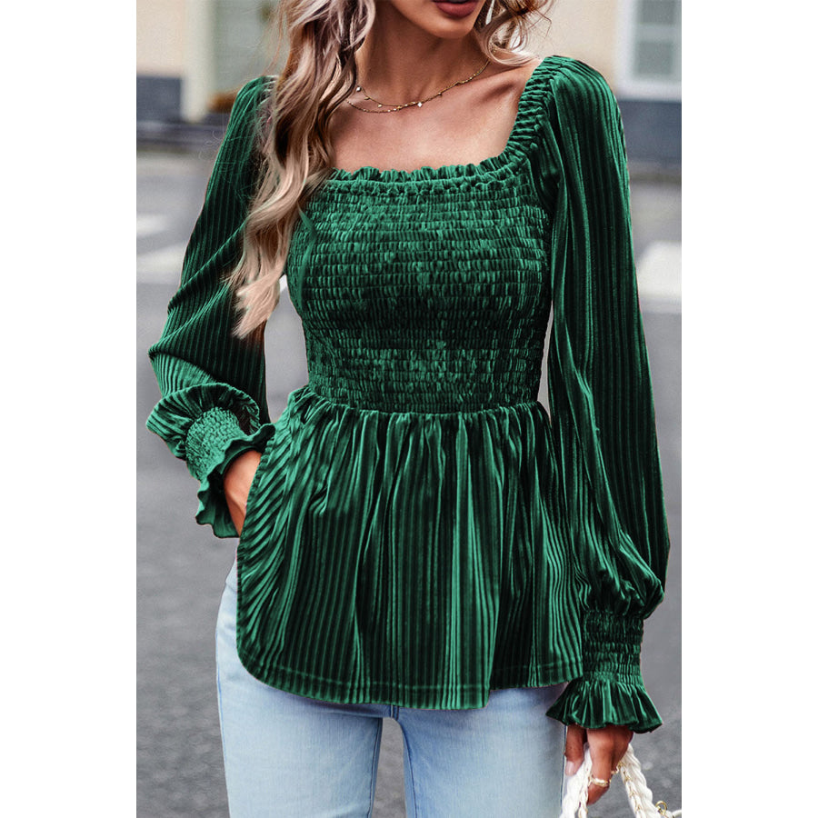 Smocked Ribbed Velvet Babydoll Top Dark Green / S Apparel and Accessories