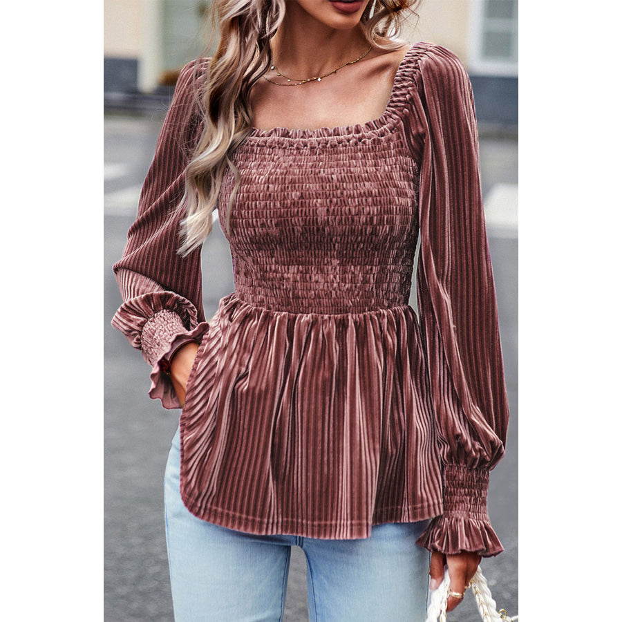 Smocked Ribbed Velvet Babydoll Top Dusty Pink / S Apparel and Accessories