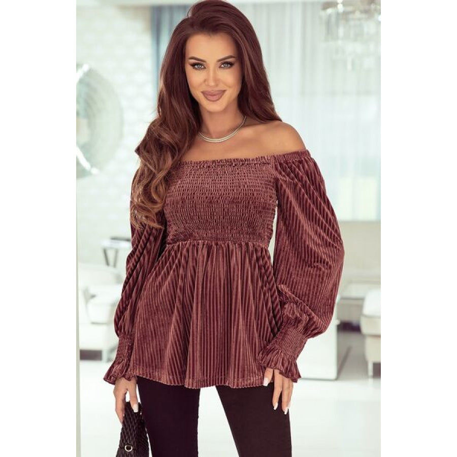 Smocked Ribbed Velvet Babydoll Top Light Mauve / S Clothing