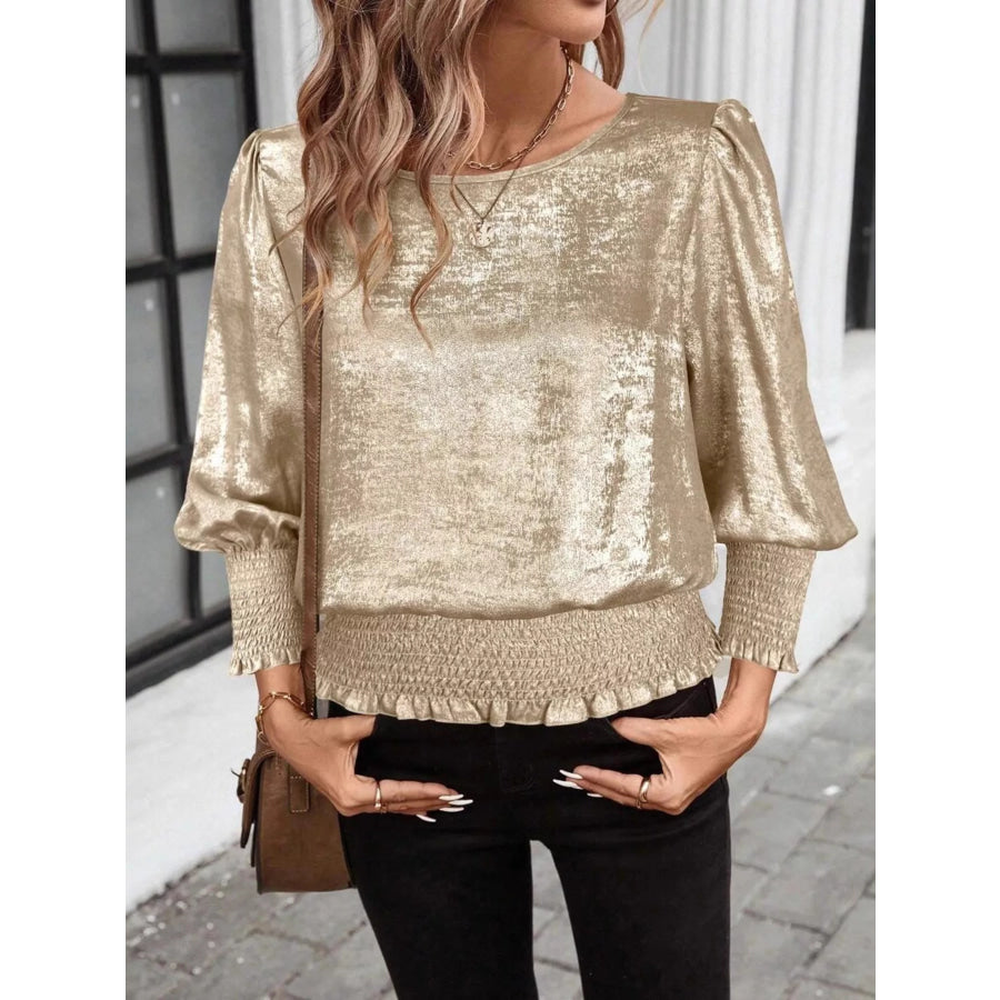 Smocked Round Neck Blouse Gold / S Apparel and Accessories