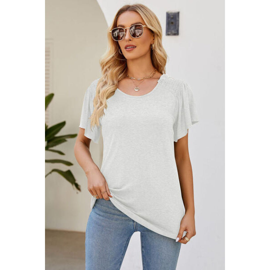 Smocked Round Neck Flutter Sleeve T - Shirt Apparel and Accessories