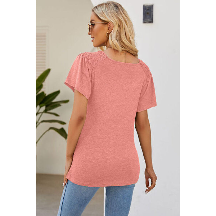 Smocked Round Neck Flutter Sleeve T - Shirt Apparel and Accessories