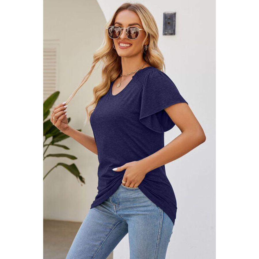 Smocked Round Neck Flutter Sleeve T - Shirt Apparel and Accessories