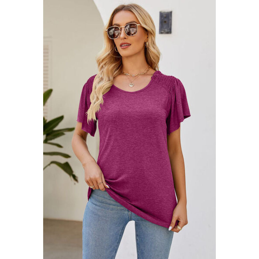 Smocked Round Neck Flutter Sleeve T - Shirt Apparel and Accessories