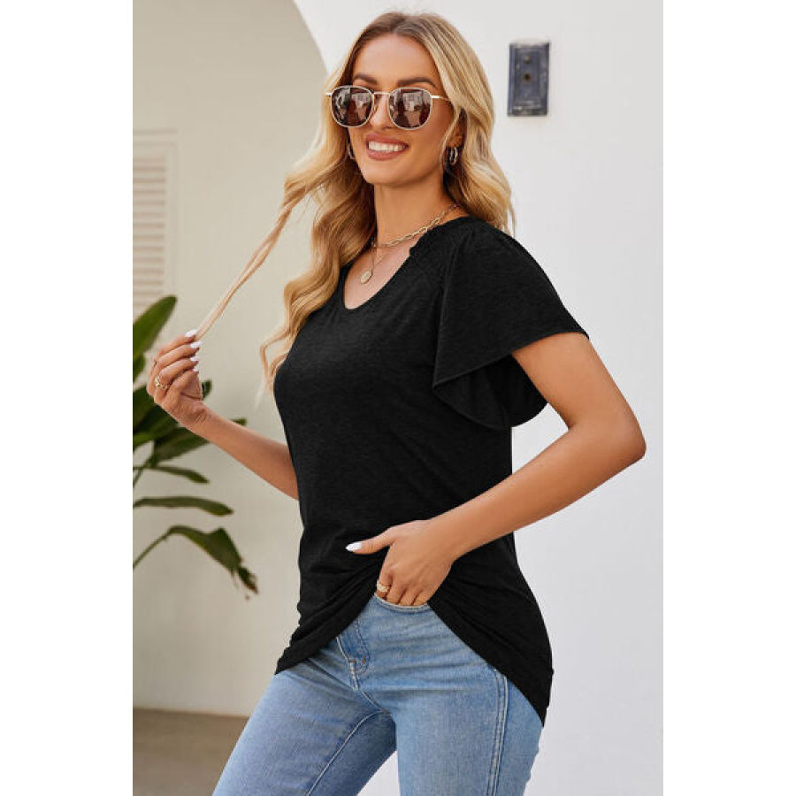 Smocked Round Neck Flutter Sleeve T - Shirt Apparel and Accessories