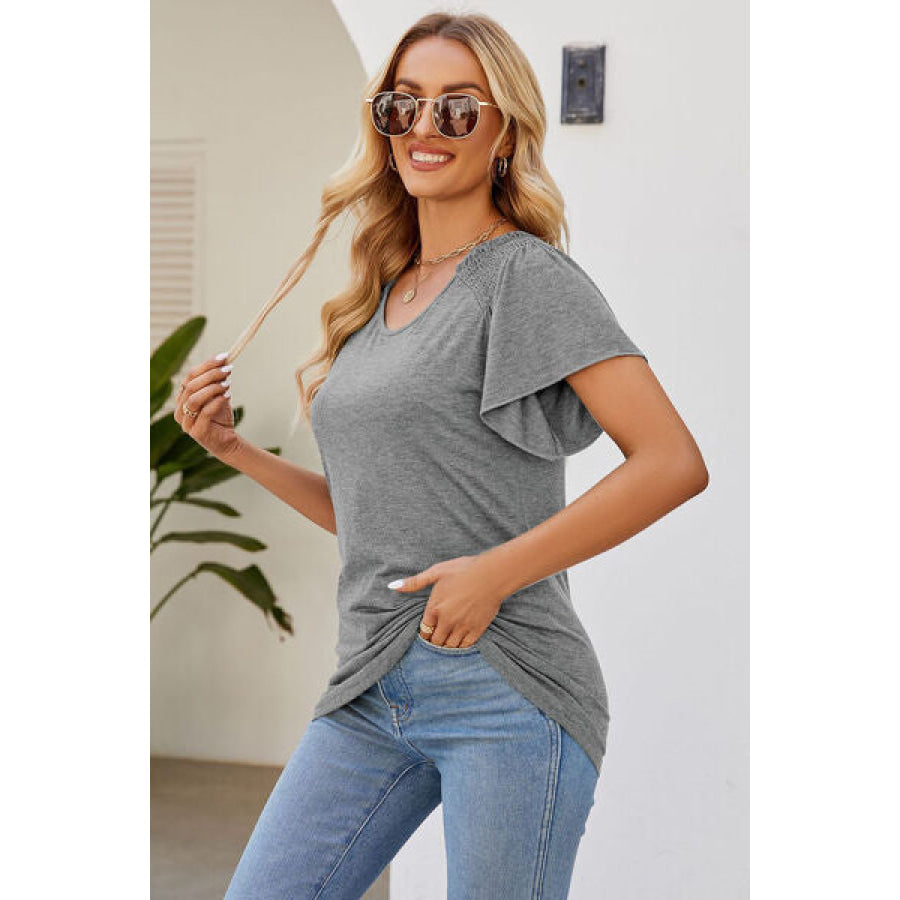 Smocked Round Neck Flutter Sleeve T - Shirt Apparel and Accessories