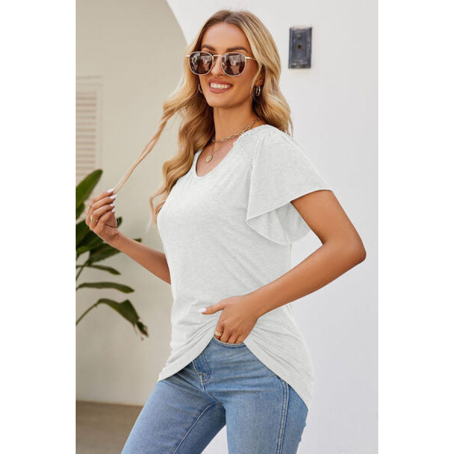 Smocked Round Neck Flutter Sleeve T - Shirt Apparel and Accessories