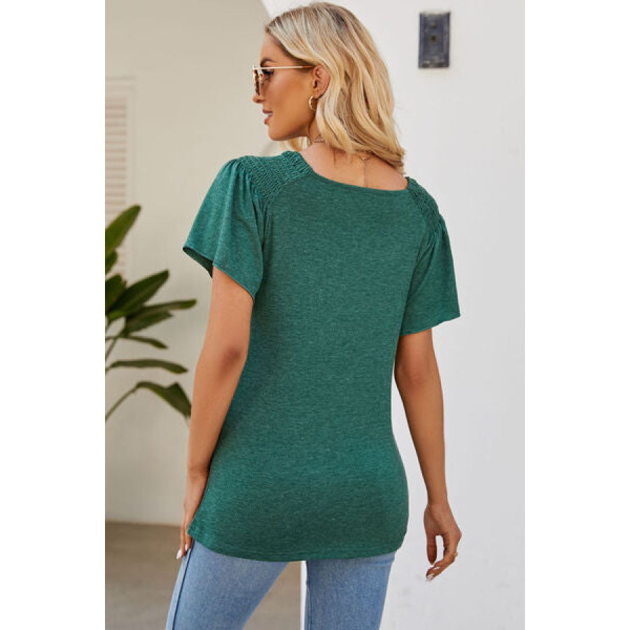 Smocked Round Neck Flutter Sleeve T - Shirt Apparel and Accessories