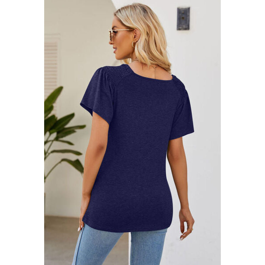 Smocked Round Neck Flutter Sleeve T - Shirt Apparel and Accessories