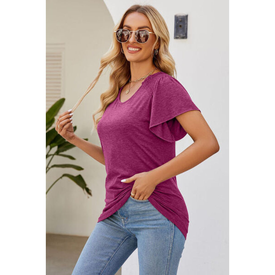 Smocked Round Neck Flutter Sleeve T - Shirt Apparel and Accessories