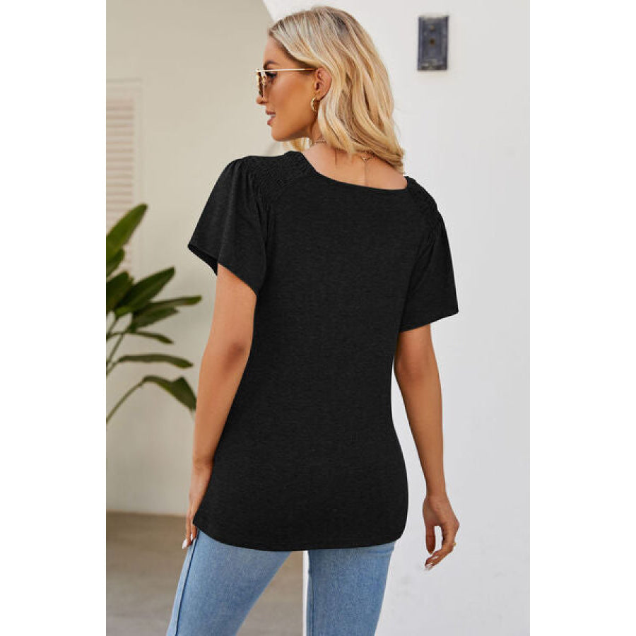 Smocked Round Neck Flutter Sleeve T - Shirt Apparel and Accessories