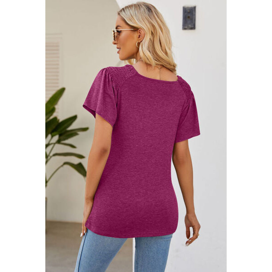 Smocked Round Neck Flutter Sleeve T - Shirt Apparel and Accessories