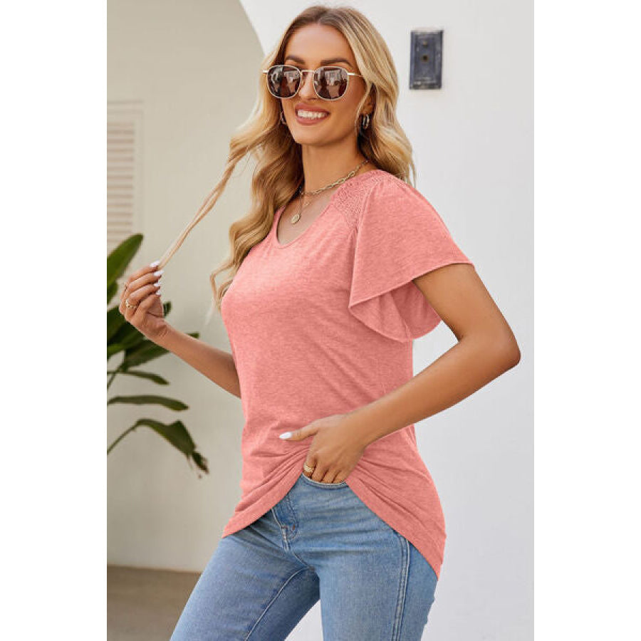 Smocked Round Neck Flutter Sleeve T - Shirt Apparel and Accessories