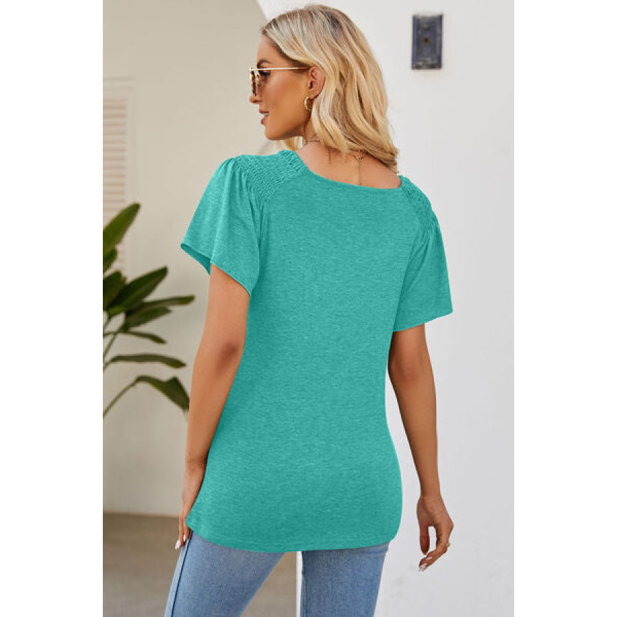 Smocked Round Neck Flutter Sleeve T - Shirt Apparel and Accessories