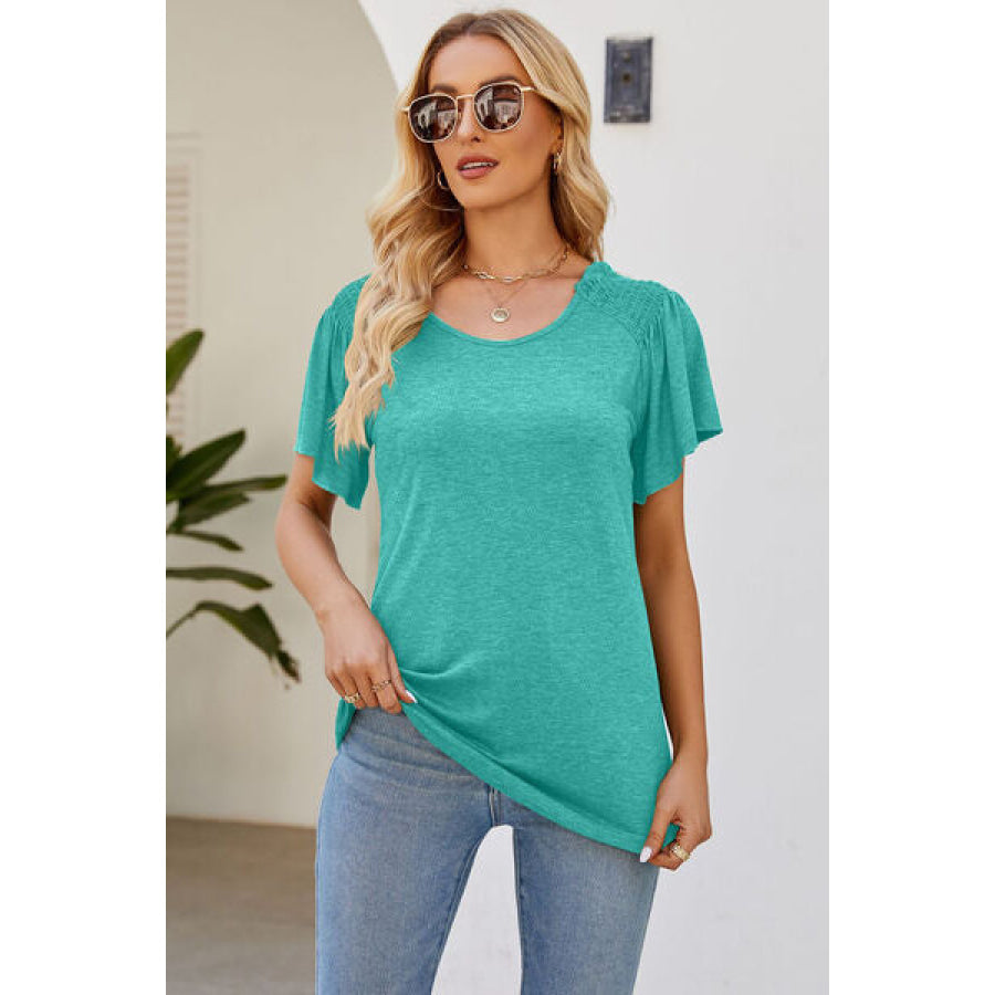 Smocked Round Neck Flutter Sleeve T - Shirt Apparel and Accessories