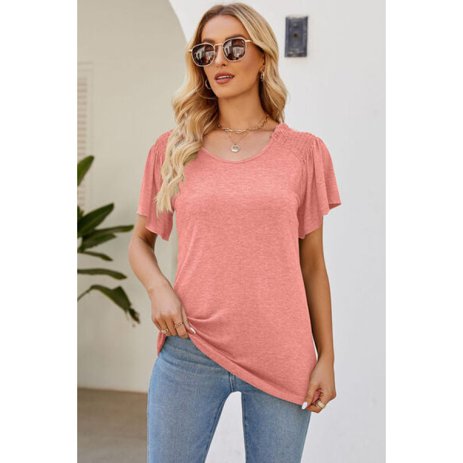 Smocked Round Neck Flutter Sleeve T - Shirt Apparel and Accessories