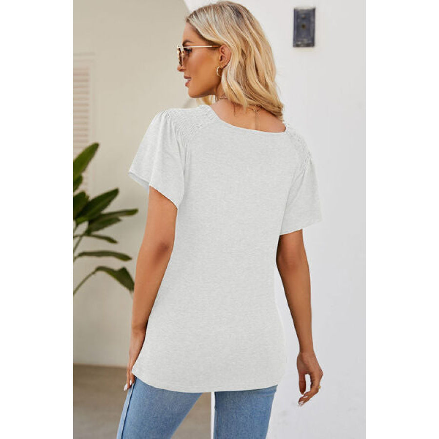 Smocked Round Neck Flutter Sleeve T - Shirt Apparel and Accessories