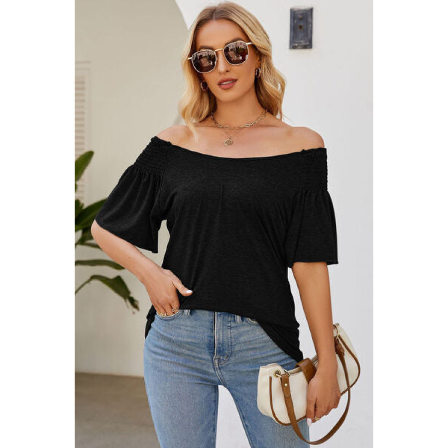 Smocked Round Neck Flutter Sleeve T - Shirt Black / S Apparel and Accessories