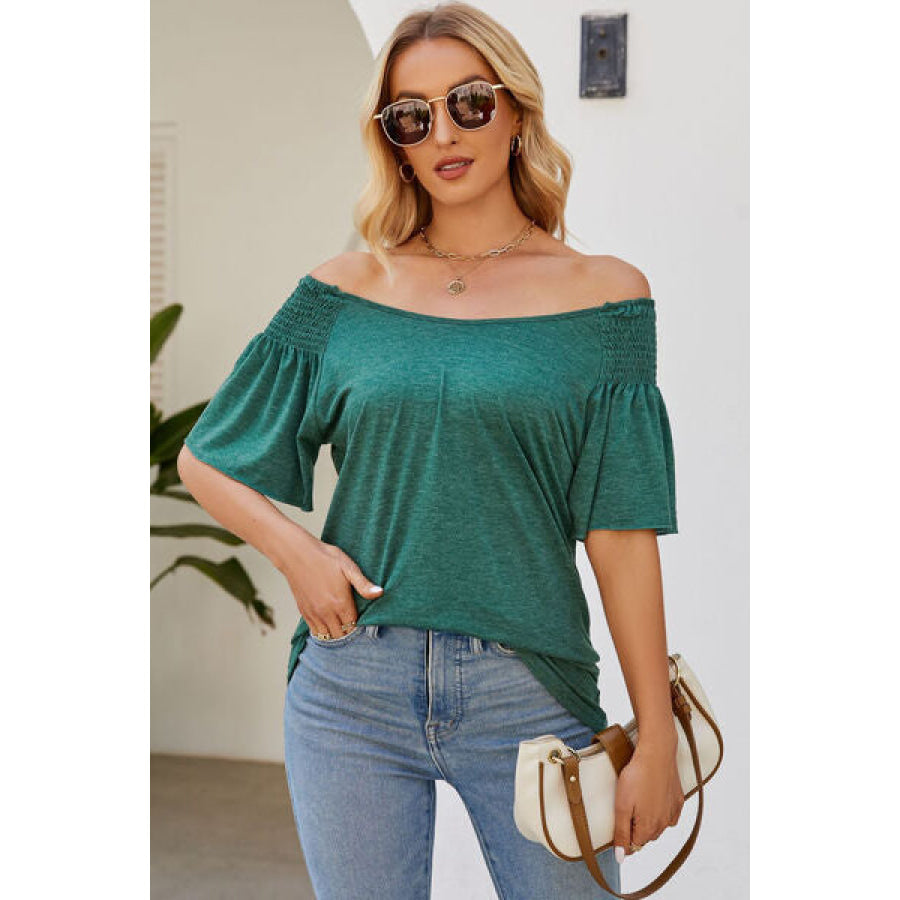 Smocked Round Neck Flutter Sleeve T - Shirt Green / S Apparel and Accessories