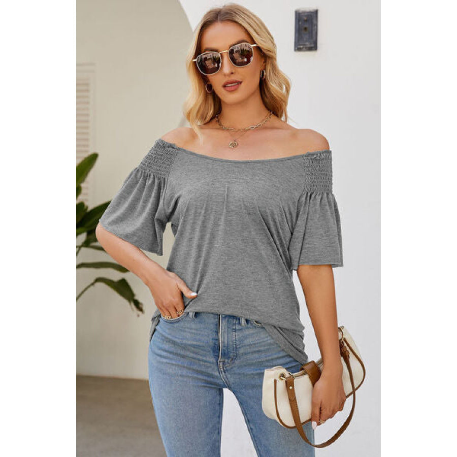 Smocked Round Neck Flutter Sleeve T - Shirt Heather Gray / S Apparel and Accessories