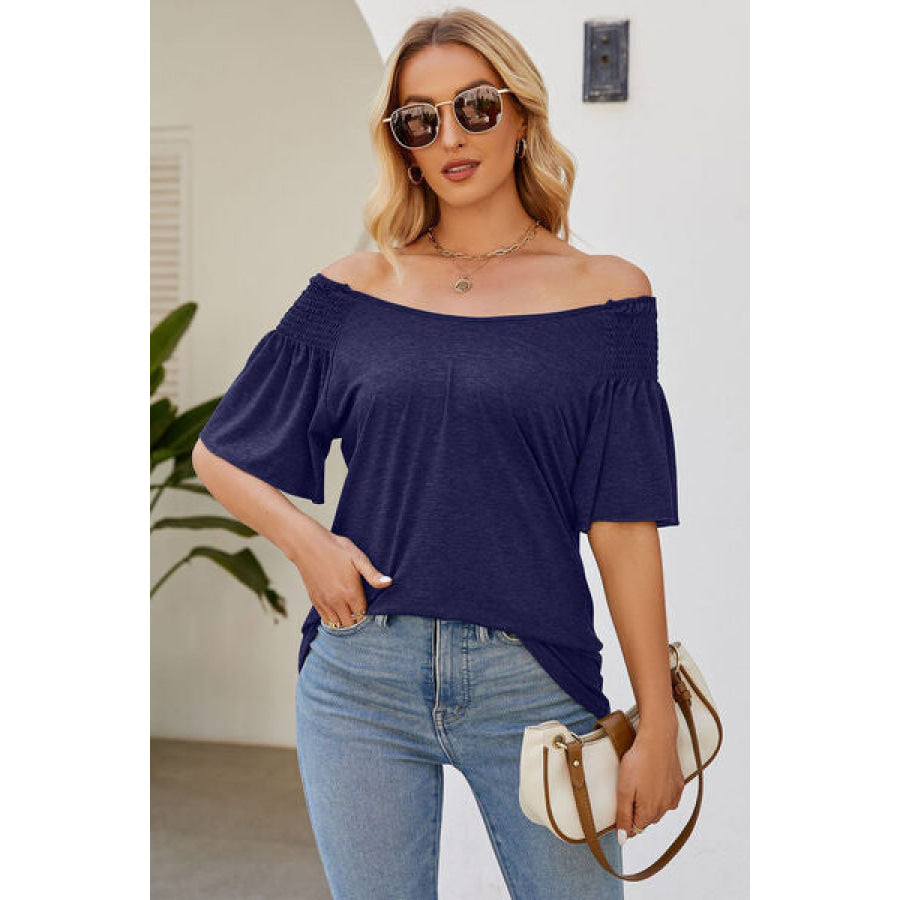 Smocked Round Neck Flutter Sleeve T - Shirt Navy / S Apparel and Accessories