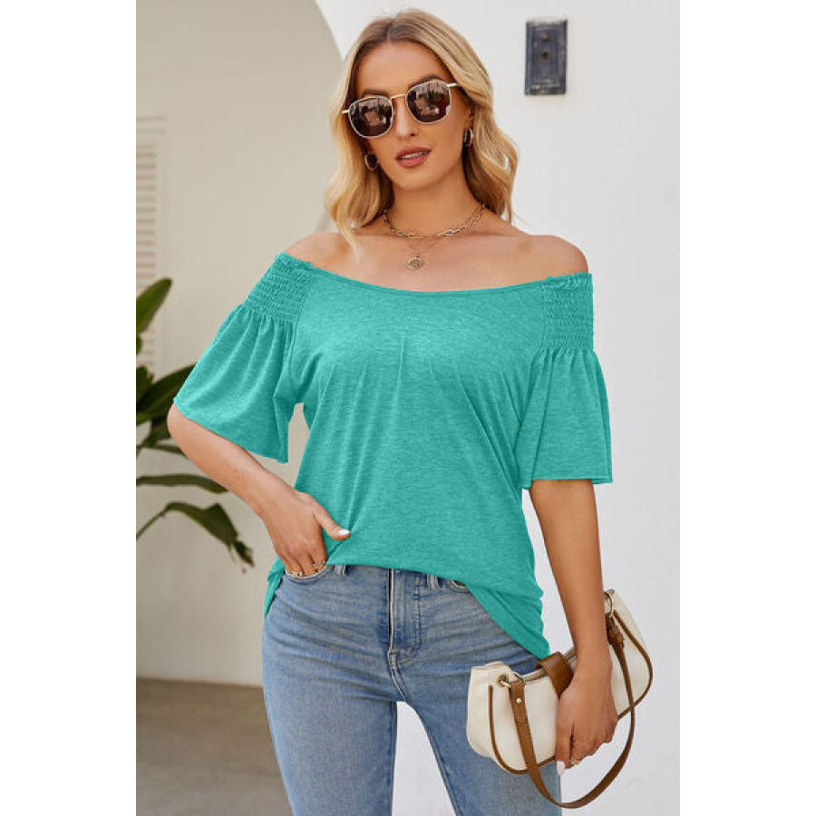 Smocked Round Neck Flutter Sleeve T - Shirt Pastel Blue / S Apparel and Accessories