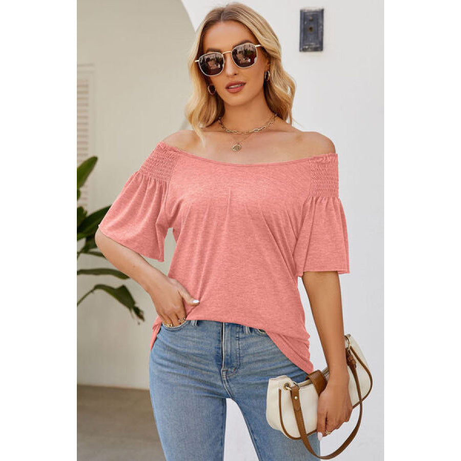 Smocked Round Neck Flutter Sleeve T - Shirt Peach / S Apparel and Accessories