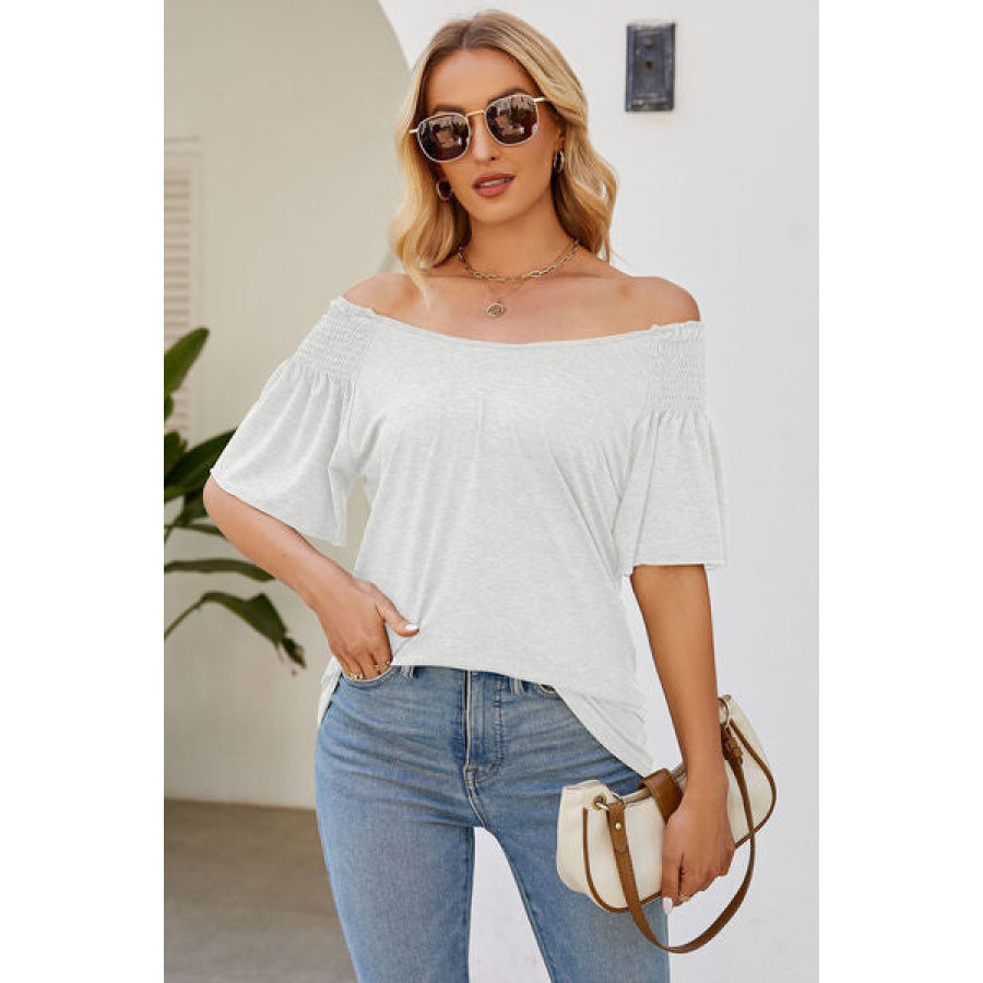 Smocked Round Neck Flutter Sleeve T - Shirt White / S Apparel and Accessories