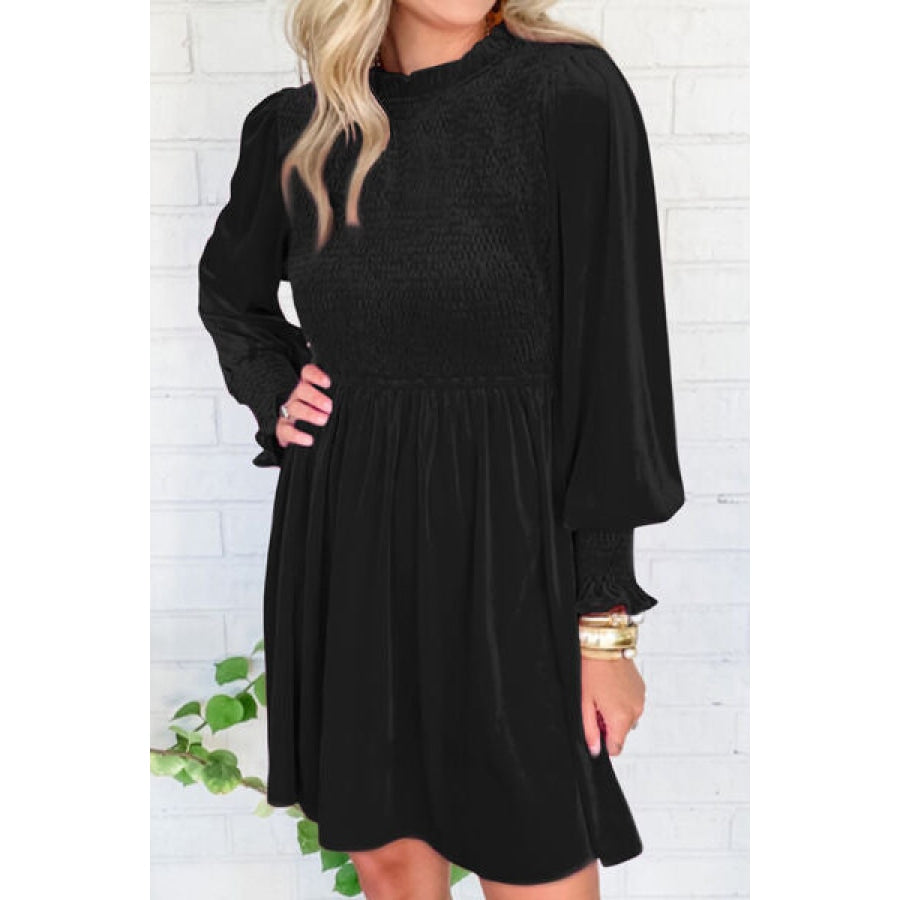 Smocked Round Neck Long Sleeve Dress Black / S Clothing