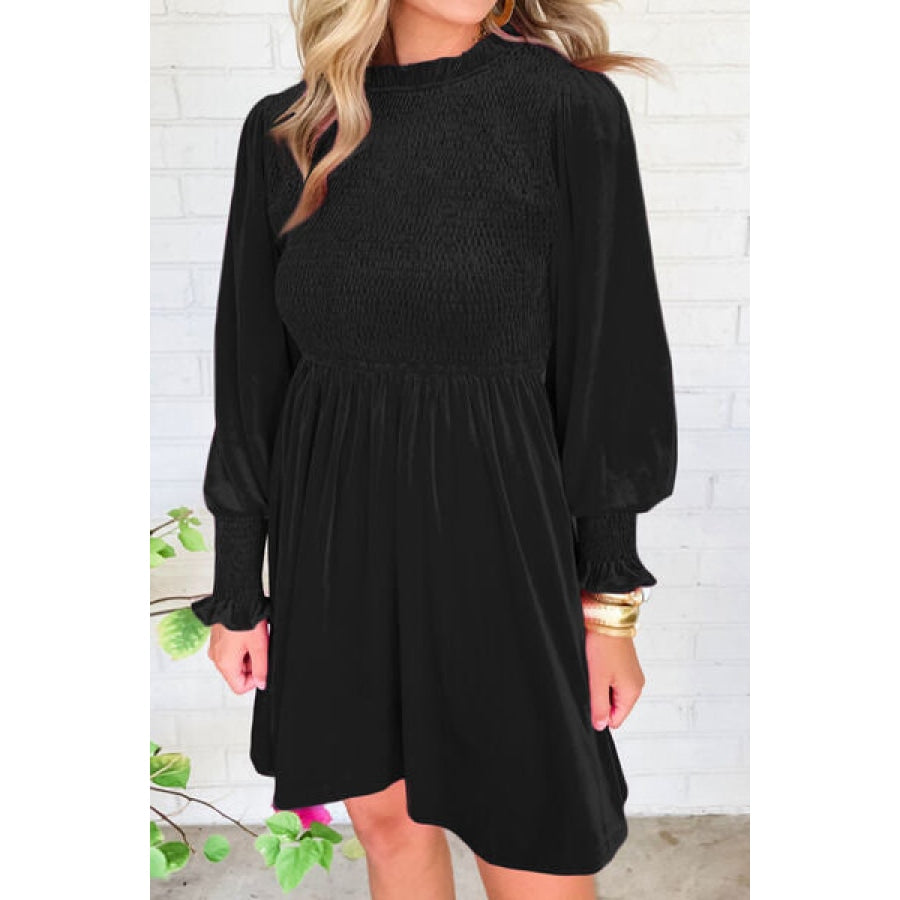 Smocked Round Neck Long Sleeve Dress Clothing