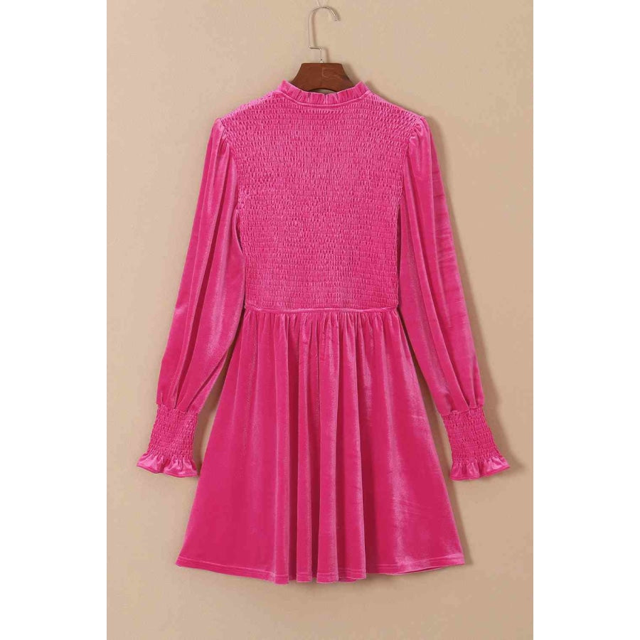 Smocked Round Neck Long Sleeve Dress Clothing