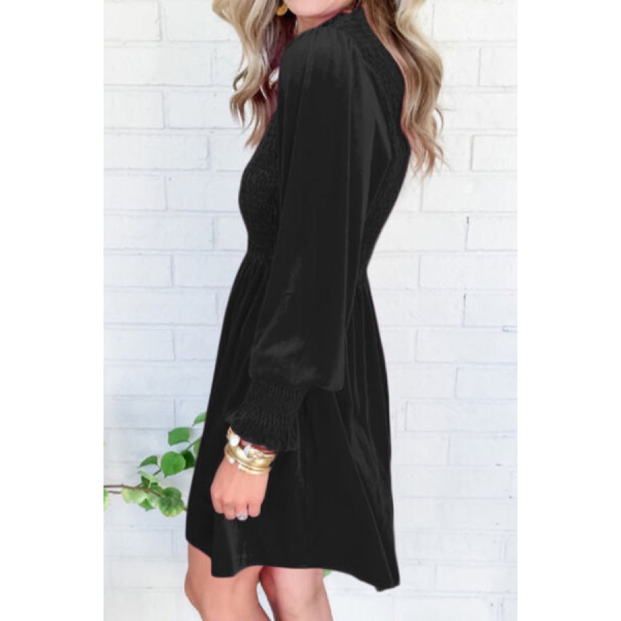 Smocked Round Neck Long Sleeve Dress Clothing