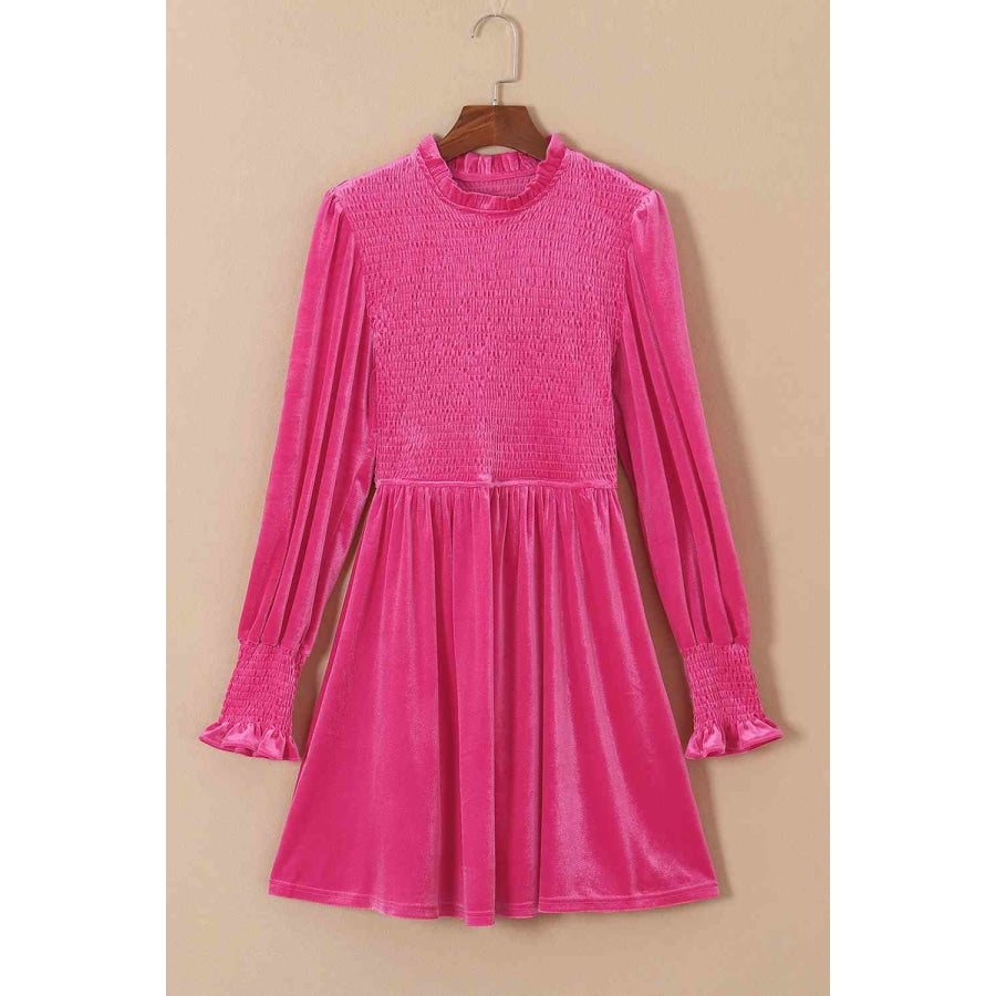 Smocked Round Neck Long Sleeve Dress Hot Pink / S Clothing