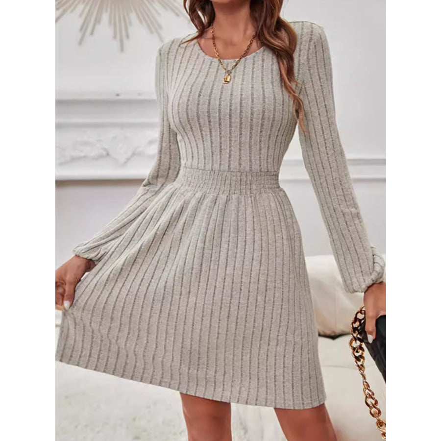 Smocked Round Neck Long Sleeve Knee Length Dress Apparel and Accessories