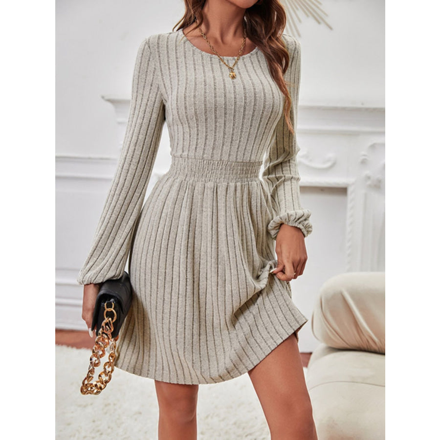 Smocked Round Neck Long Sleeve Knee Length Dress Apparel and Accessories