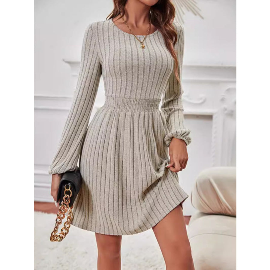 Smocked Round Neck Long Sleeve Knee Length Dress Apparel and Accessories