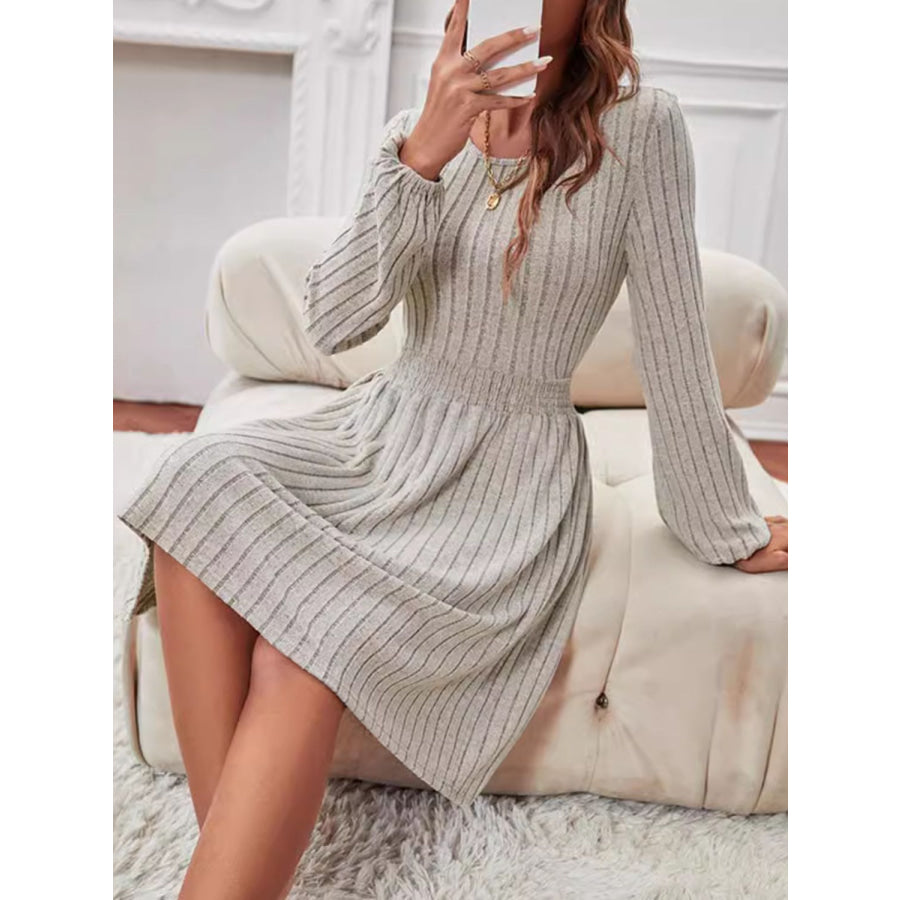 Smocked Round Neck Long Sleeve Knee Length Dress Apparel and Accessories