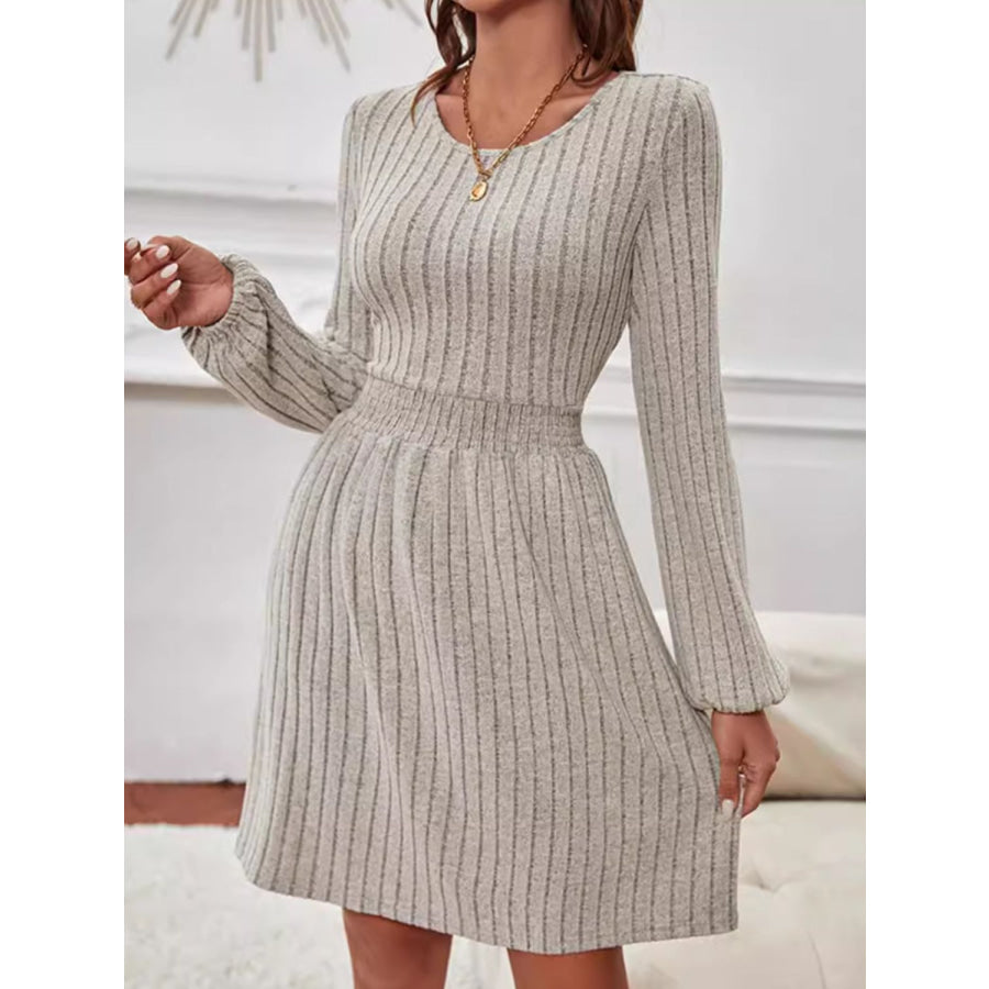 Smocked Round Neck Long Sleeve Knee Length Dress Apparel and Accessories