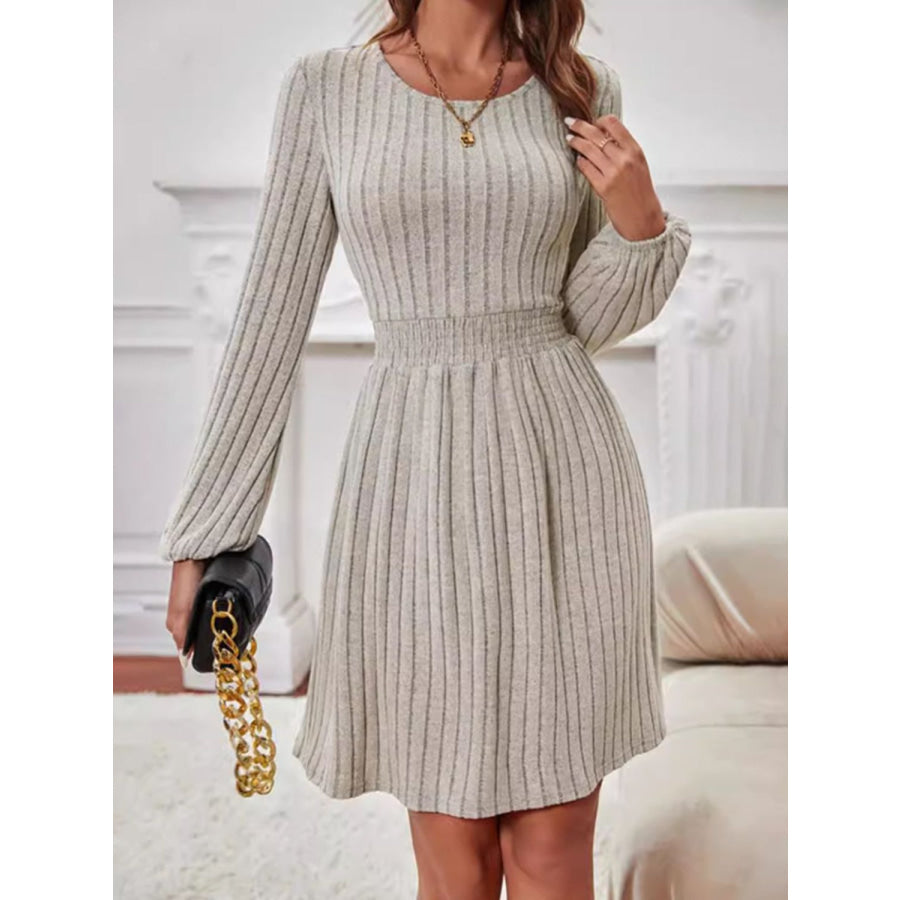 Smocked Round Neck Long Sleeve Knee Length Dress Dust Storm / S Apparel and Accessories