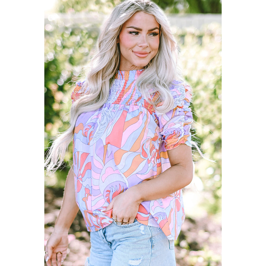 Smocked Round Neck Short Sleeve Blouse Multicolor / S Apparel and Accessories