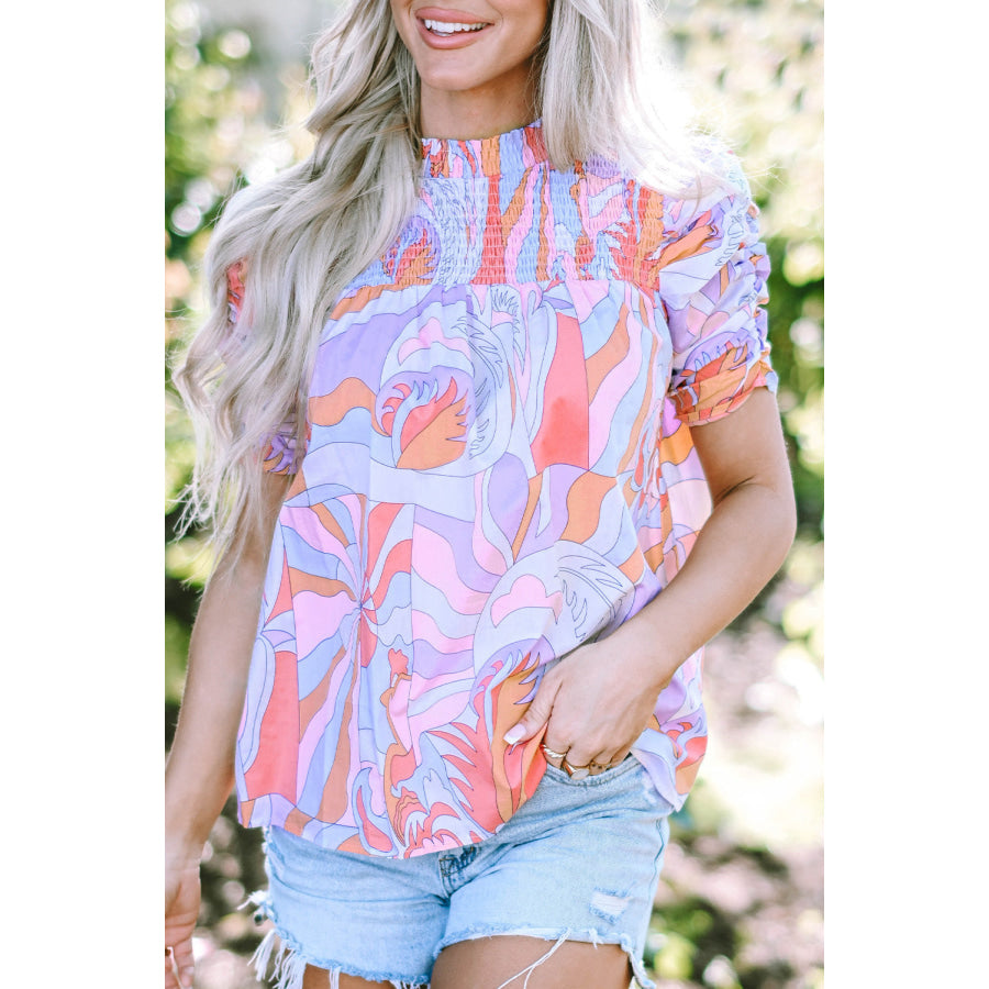 Smocked Round Neck Short Sleeve Blouse Multicolor / S Apparel and Accessories