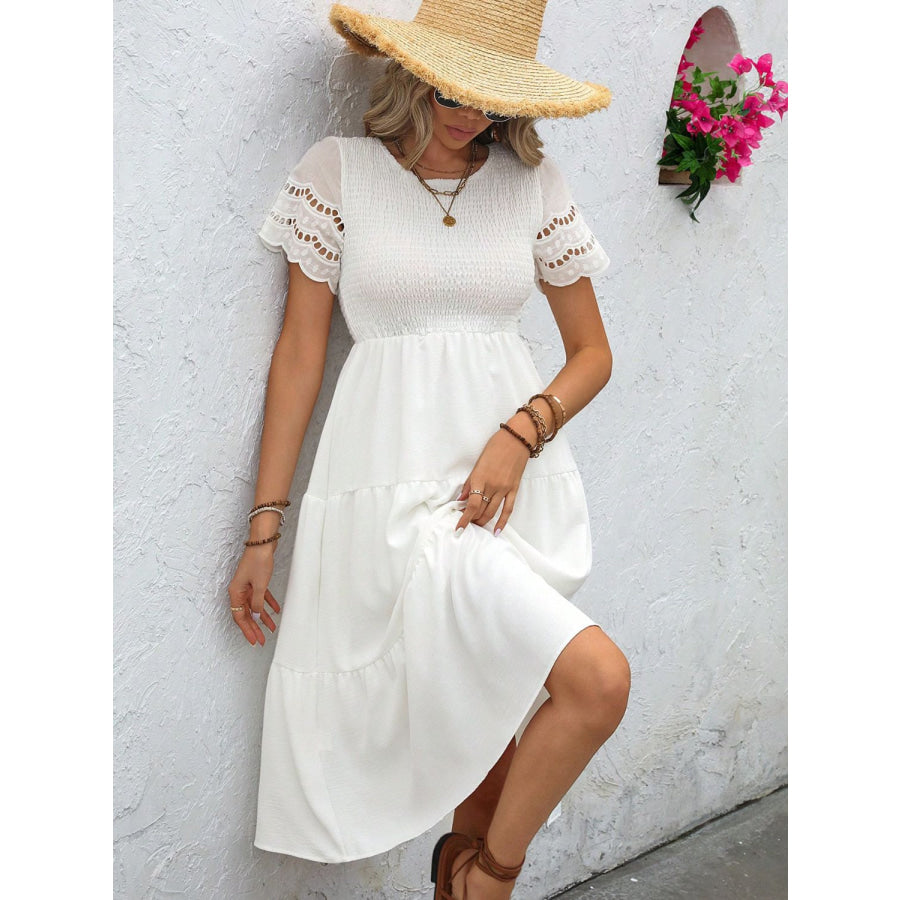 Smocked Round Neck Short Sleeve Dress Apparel and Accessories