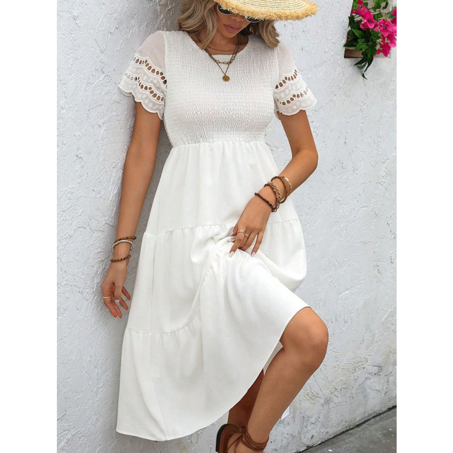 Smocked Round Neck Short Sleeve Dress Apparel and Accessories
