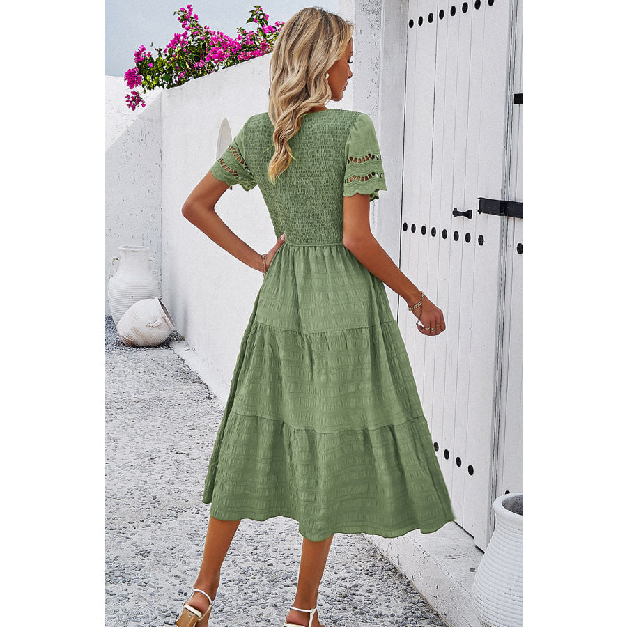 Smocked Round Neck Short Sleeve Midi Dress Apparel and Accessories