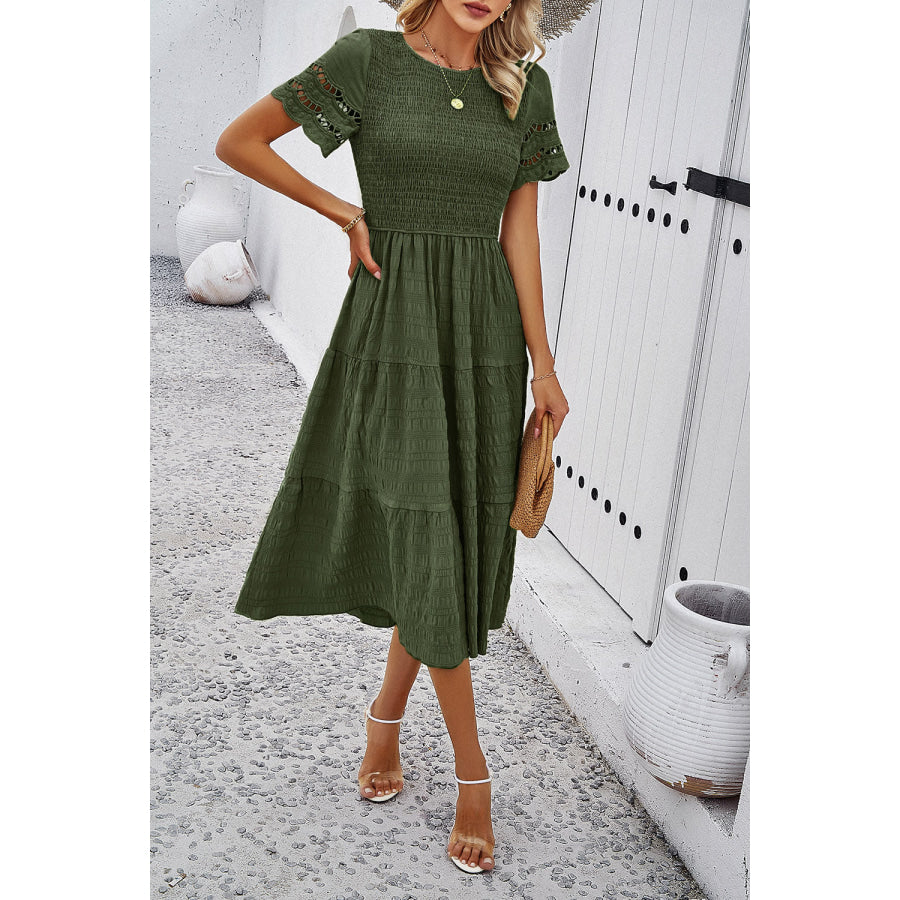 Smocked Round Neck Short Sleeve Midi Dress Apparel and Accessories