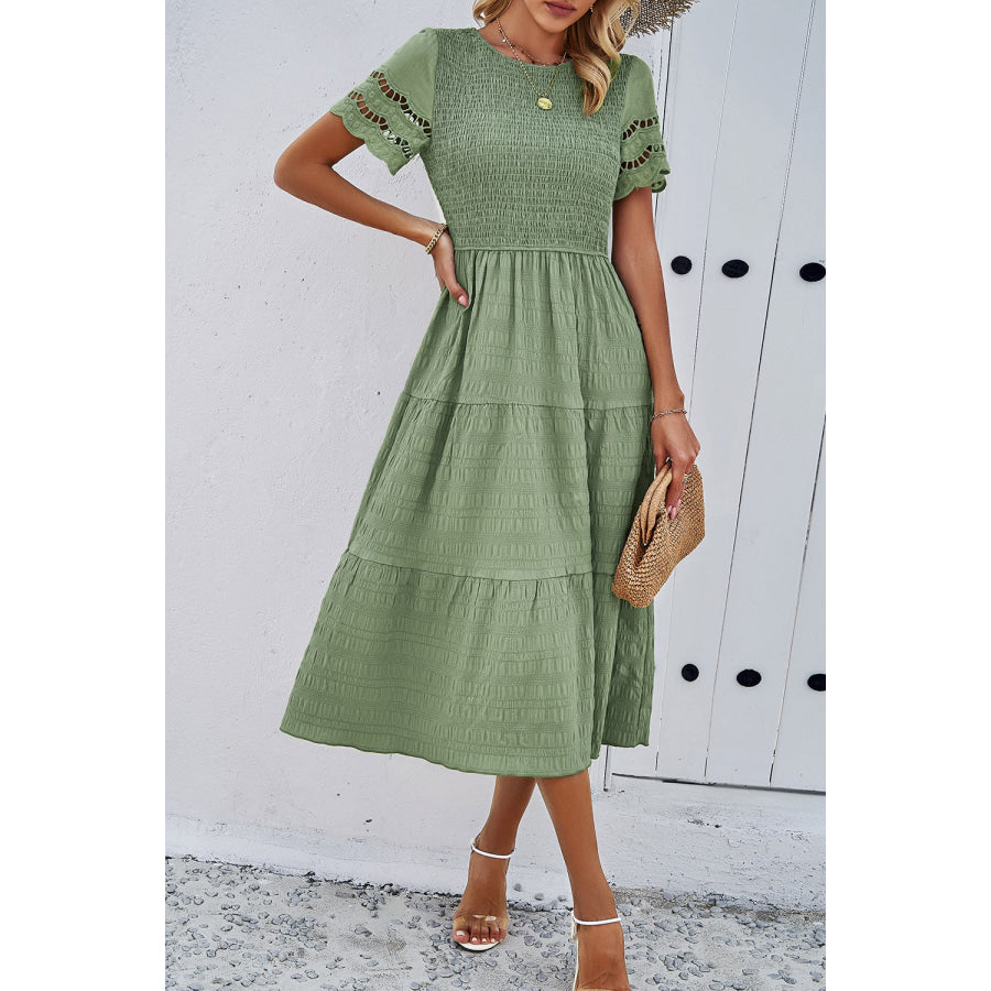 Smocked Round Neck Short Sleeve Midi Dress Apparel and Accessories