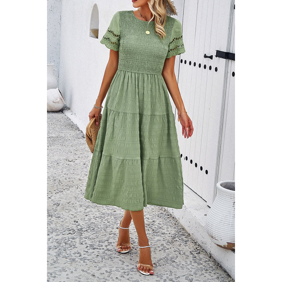 Smocked Round Neck Short Sleeve Midi Dress Apparel and Accessories