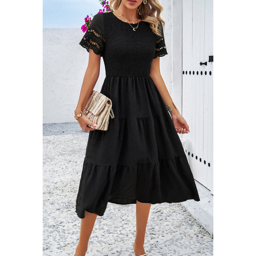 Smocked Round Neck Short Sleeve Midi Dress Apparel and Accessories