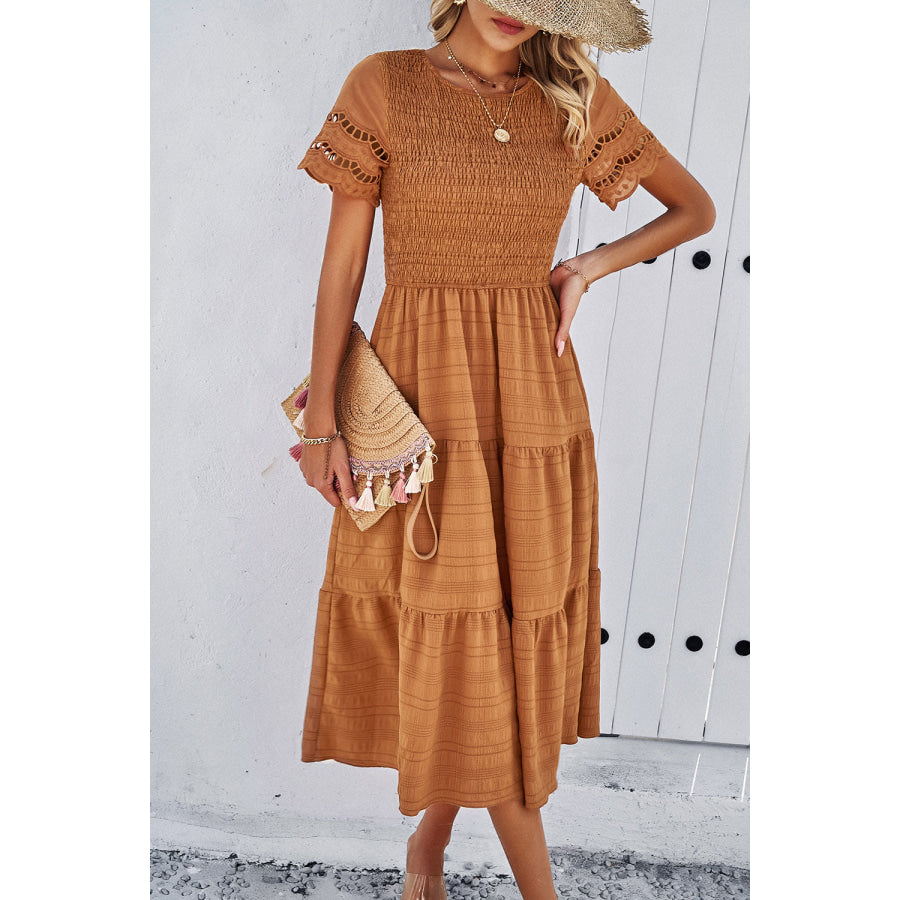 Smocked Round Neck Short Sleeve Midi Dress Apparel and Accessories