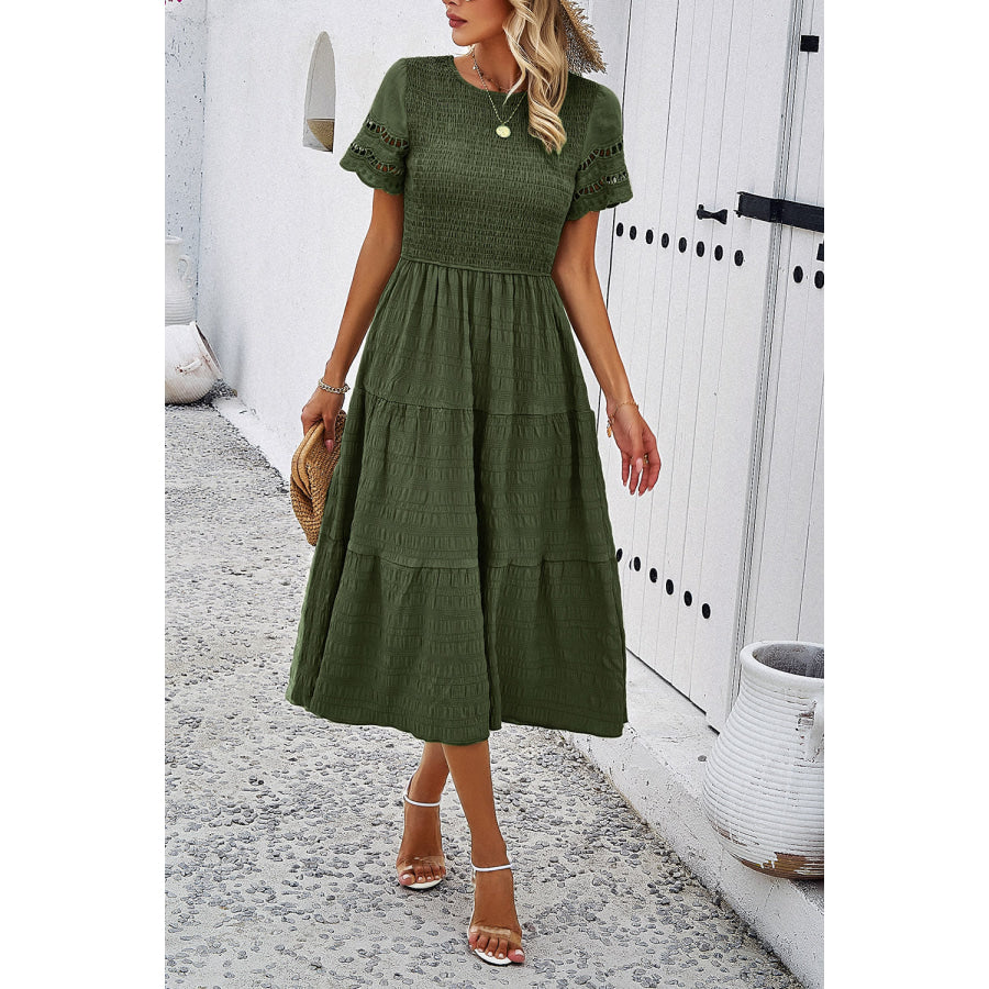 Smocked Round Neck Short Sleeve Midi Dress Apparel and Accessories